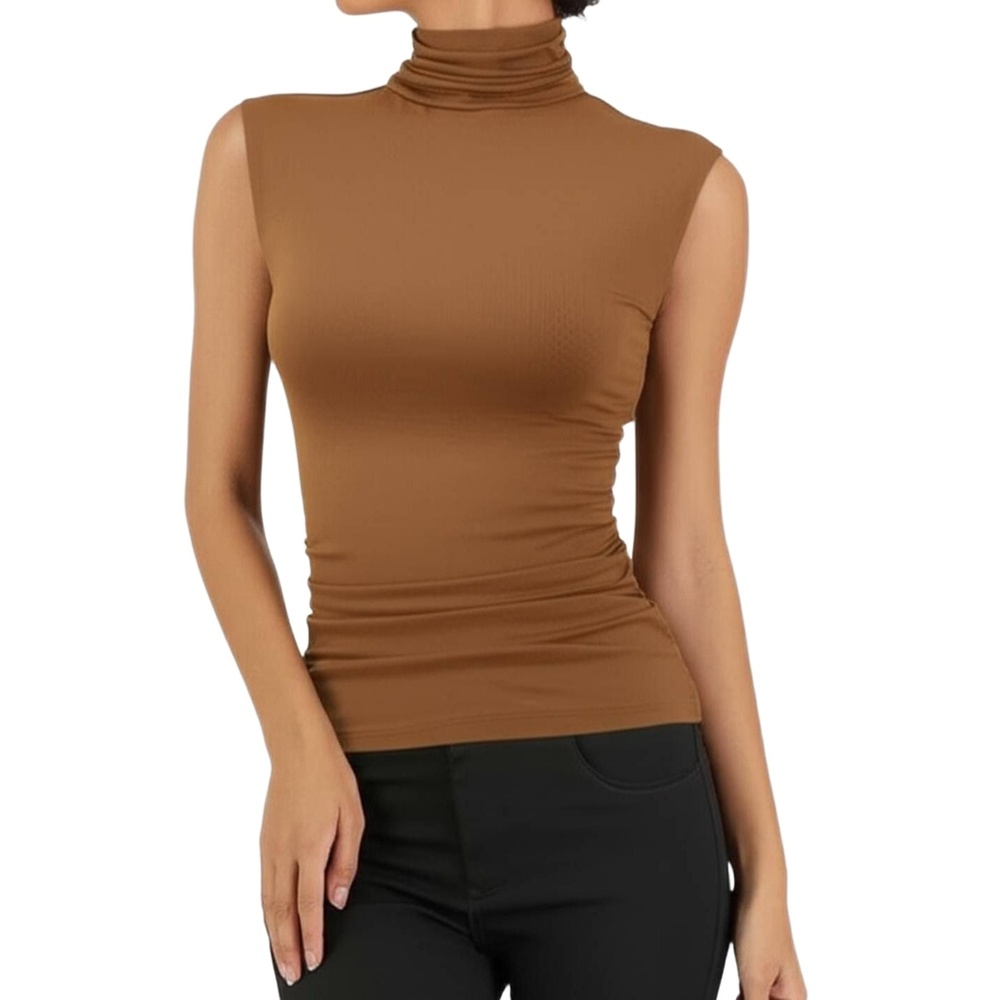Womens Top Camel Brown Fitted Ribbed Cap Sleeves Chic Sophisticated‎ Size Small